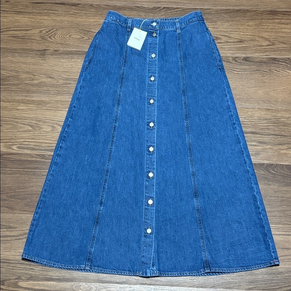 XiRENA Spence Denim Midi Skirt Button Front A Line Blue Size L